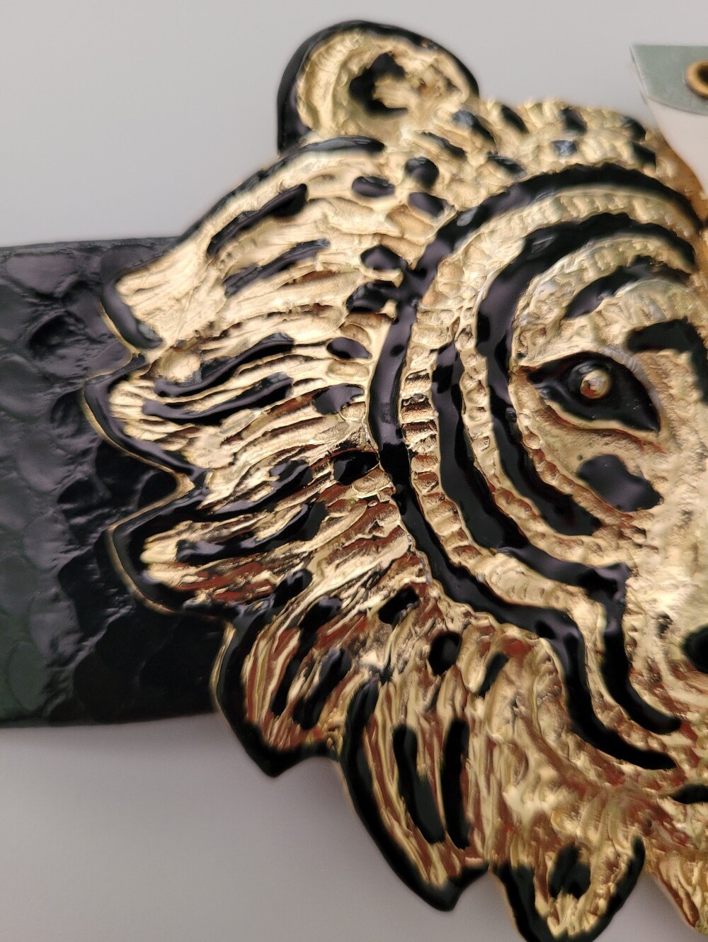 Vtg Mimi Di 1987 Lion Head Belt Buckle Removable belt Black Gold Lux Animal - Picture 5 of 16
